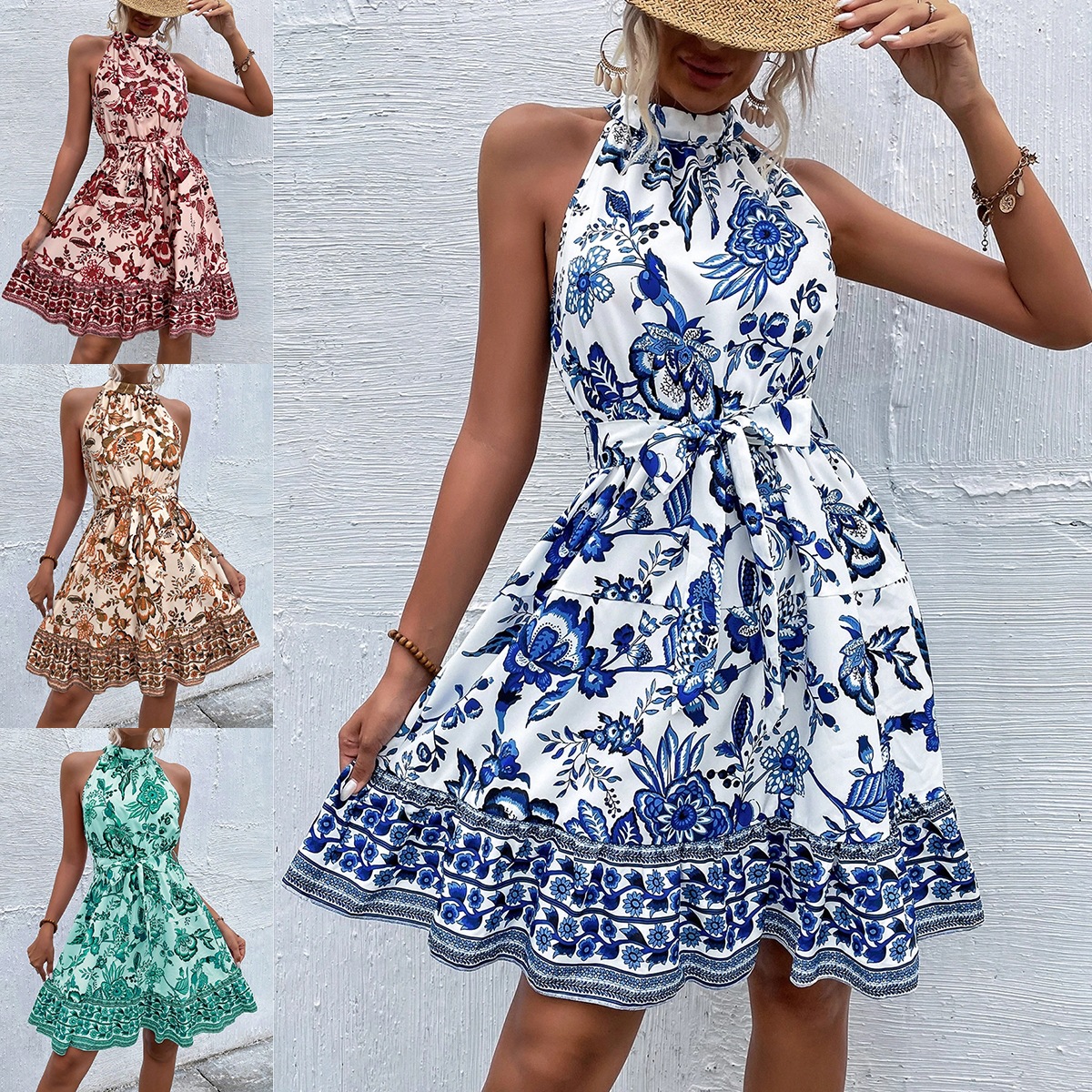 Amazon Cross-Border Foreign Trade Women's Clothing Skirts Ebay Aliexpress New Summer Style Floral Halter Neck Waist-Cinching Dress