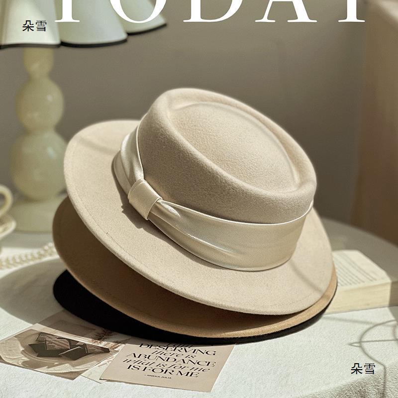 Top hat autumn and winter high-end pure wool counter quality satin butterfly buckle flat top hat Korean style all-match woolen felt hat