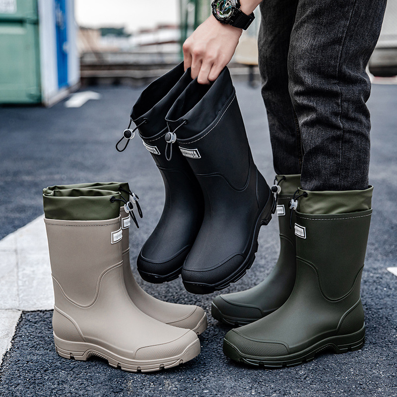 New Men's Rubber Shoes Thick-Soled Wear-Resistant Overshoes for Men and Women Mid-Tube Waterproof Anti-Slip Rain Boots Fishing Construction Site Special Rain Boots
