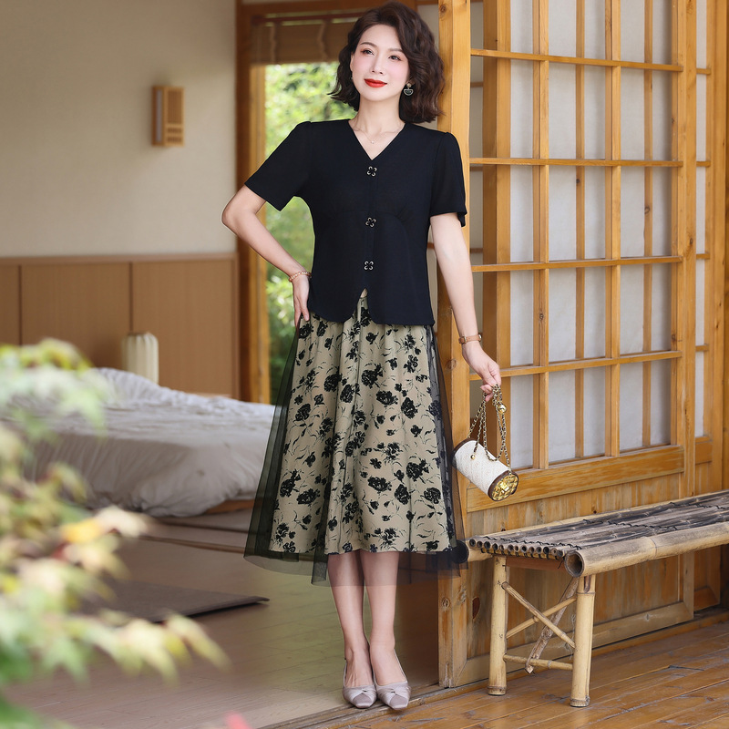 Summer Mother's dress Short-sleeved Thin 50-year-old 60-year-old Women's Clothing Summer Western Elegant Two-piece Dress