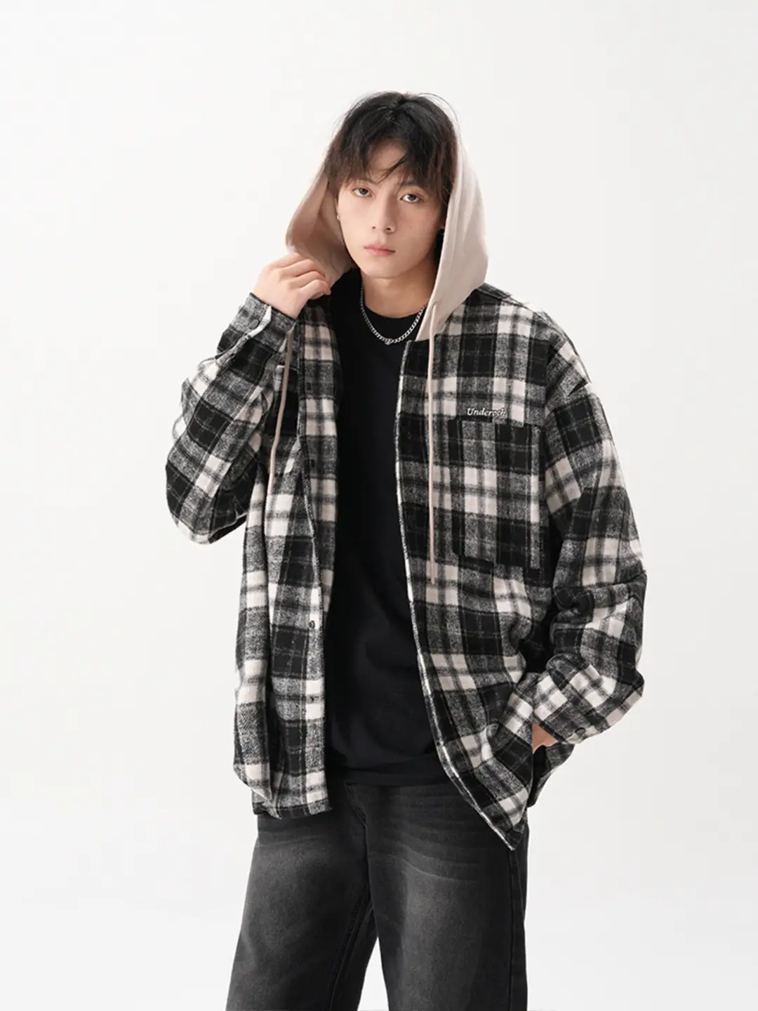 American Fake Two-Piece Plaid Hooded Shirt Men's and Women's Autumn Loose Casual Shirt Jacket Lazy Style Couple's Jacket