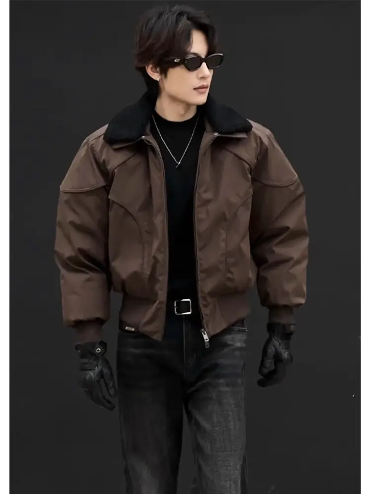 American silhouette deconstruction lamb wool collar jacket, winter thick warm cotton jacket, men's high-end jacket, cotton jacket, trendy