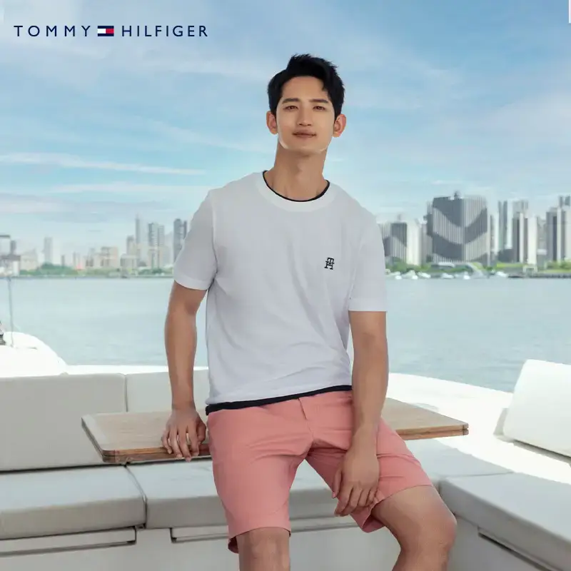 Tommy Spring and Summer Couple pure cotton Plain Knitting Embroider Casual Work Clothing Solid Color Round Neck Short Sleeves T-Shirt 33987