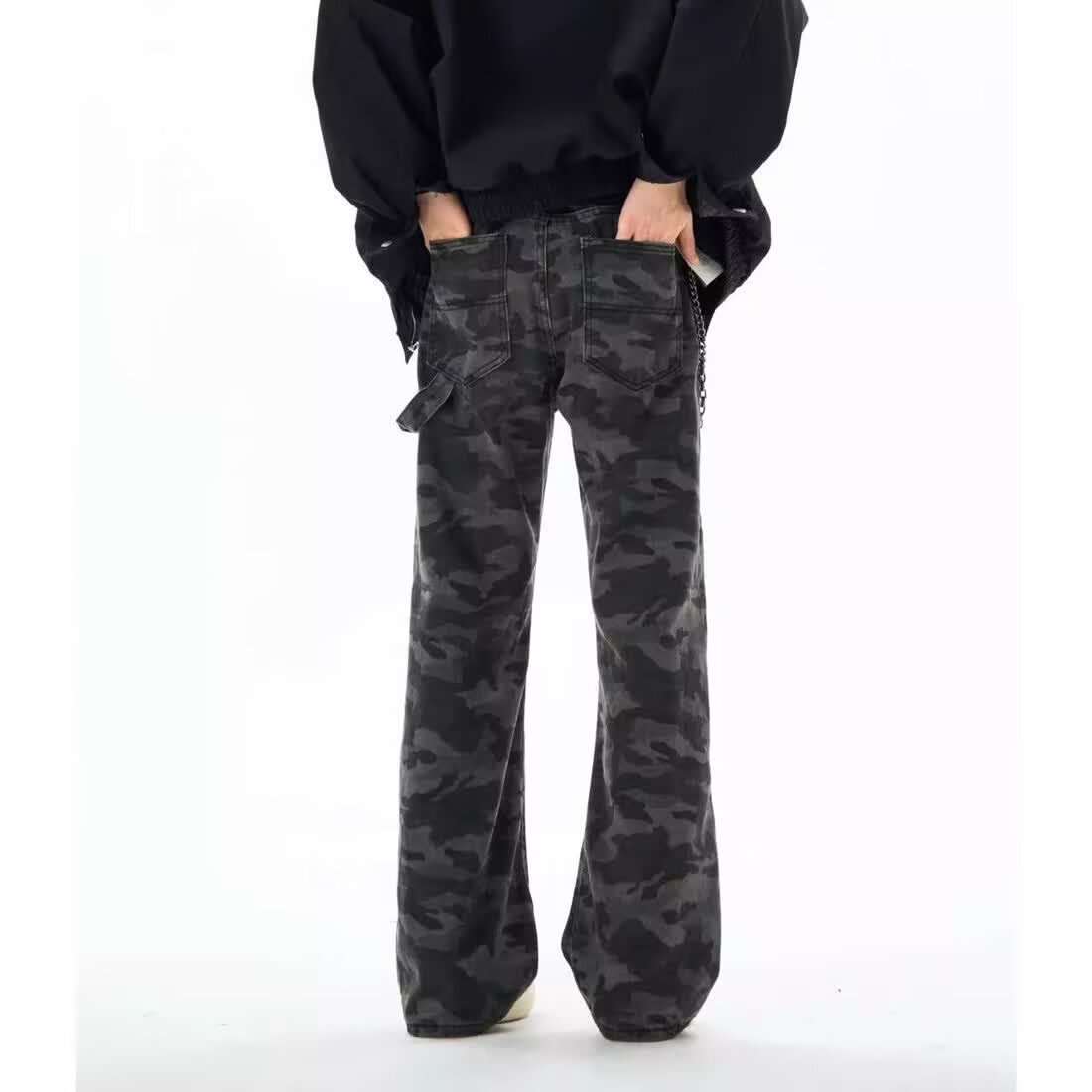 American-Style Gray Camouflage Work Pants 2026 New High-Waisted Slimming Multi-Pocket Tall Wide-Leg Jeans