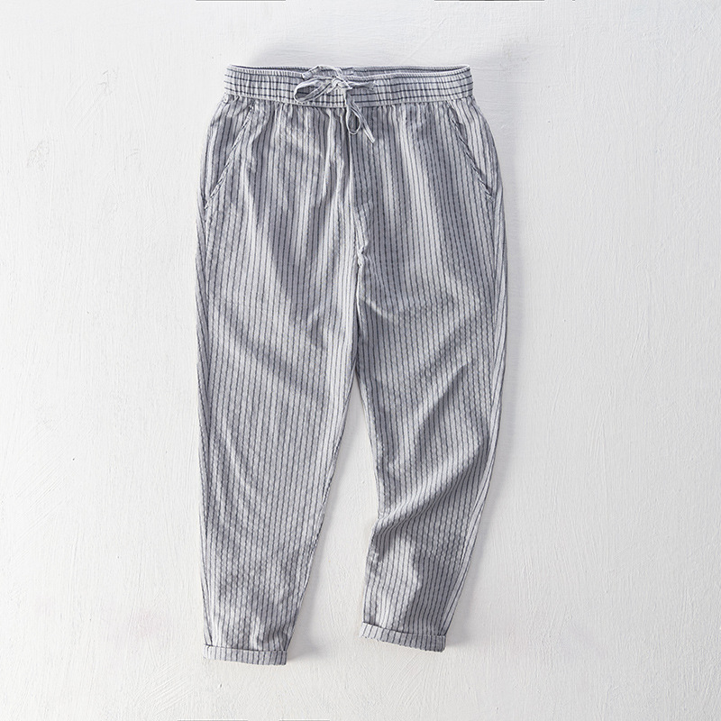 L8105 Spring and Summer New Simple Tether Casual Pants Men's Grey Stripe Straight Pants Men's One-Piece Hair