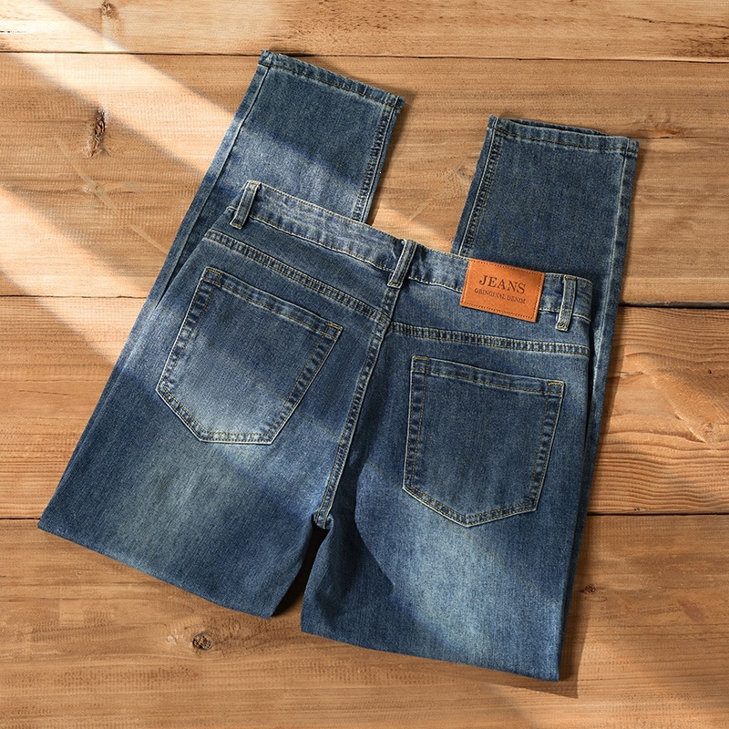 Retro Vintage Slim-Fit Skinny Straight-Leg Trendy Brand Stretch Casual Light Luxury European Style Light Business Men's Jeans