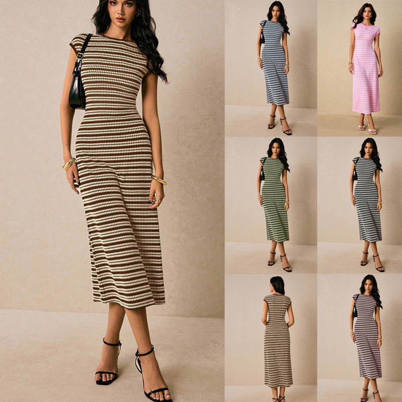2026 Cross-Border European and American Amazon Fashion Casual Color-Blocked Striped Waist-Cinching Round-Neck Short-Sleeve Long Women's Dress