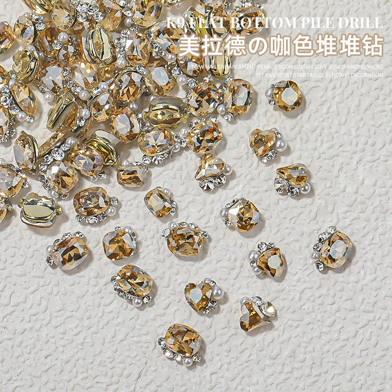 Explosions Maillard Finished Pile Diamond Nail Art Jewelry Champagne Silk Color Super Flash Crooked Heart Fat Square Nail Diamond Jewelry