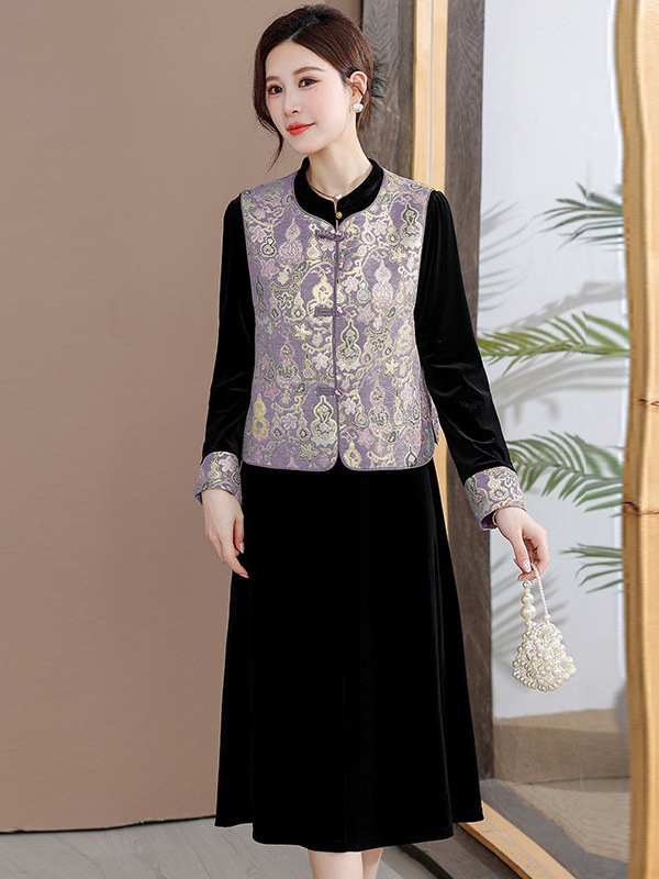 2026 Spring New Style New Chinese Style Velvet Two-Piece Dress Set for Women, Fashionable and Elegant Mom Dress