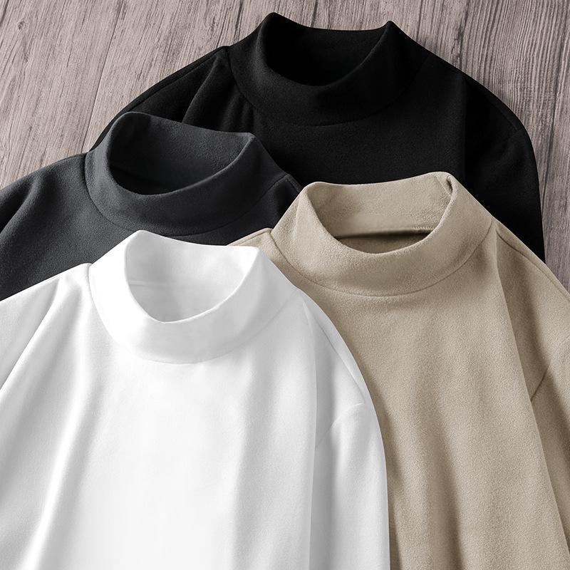 German Velvet Black Technology Middle Collar Base Shirt Men's Autumn and Winter Half-high Collar fleece-lined Thickened Double-sided Velvet Warm Long-sleeved T-shirt Trendy