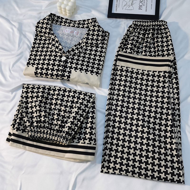 Korean Style Pajamas Women's Summer Short-sleeved Cardigan Houndstooth High-end Fashionable Outwear Short-sleeved Home Clothes Three-piece Set