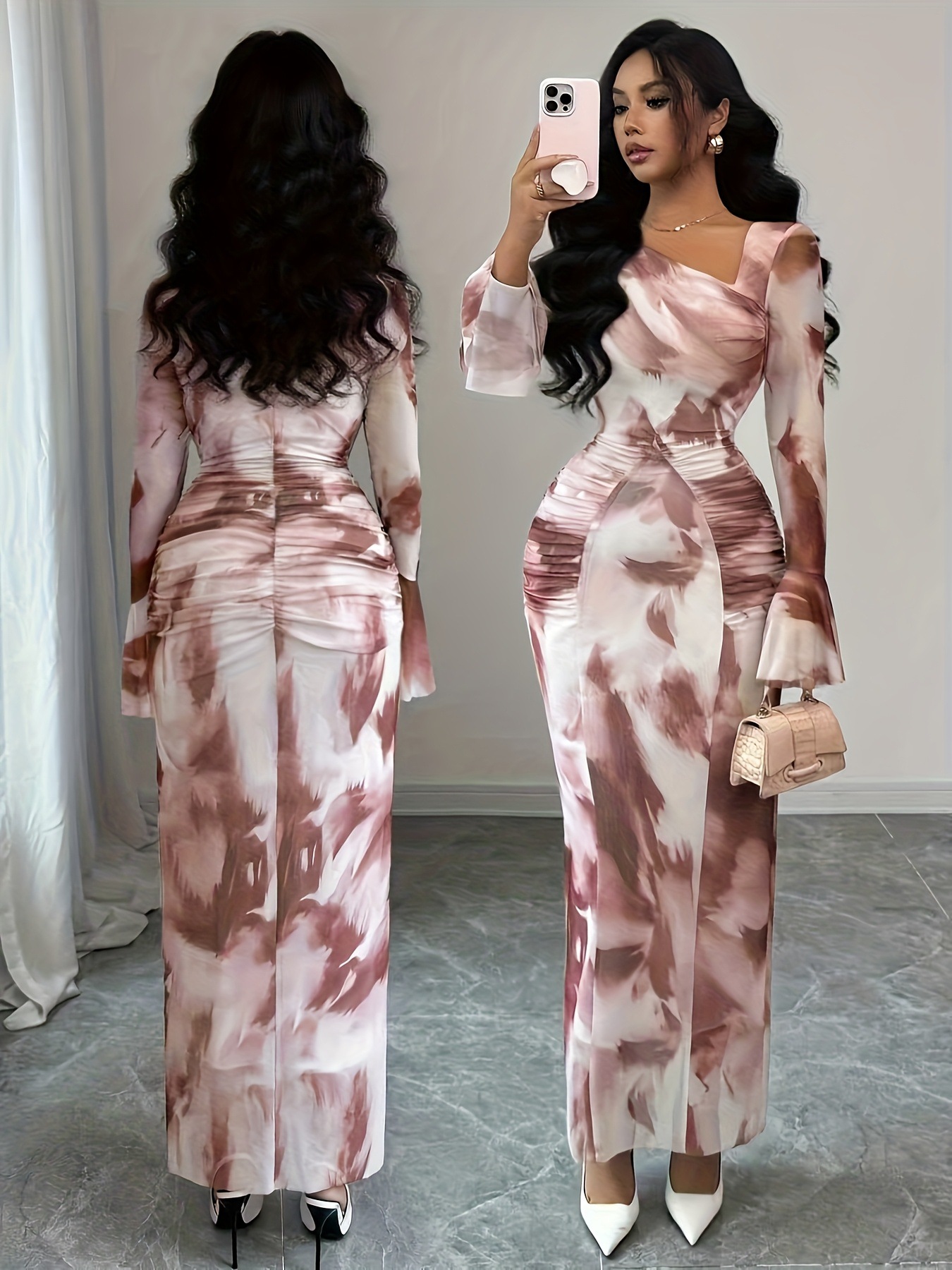 Women's New Autumn Style Retro Elegant Tie-Dye Printed Mesh Design Pleated Slim Fit Long-Sleeved Dress