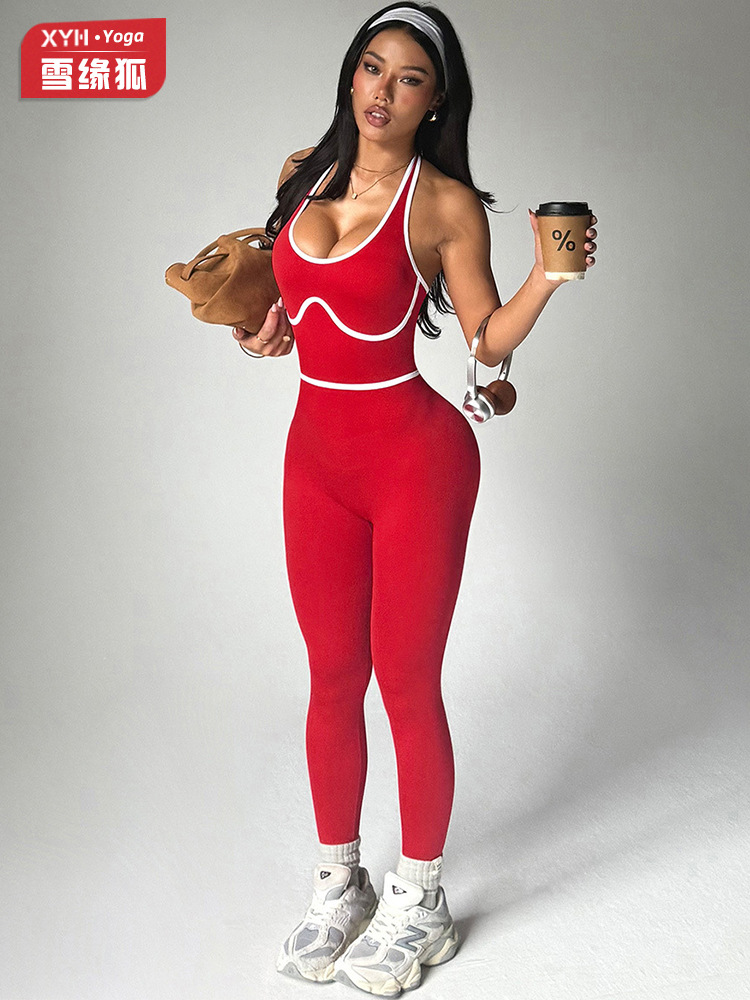 Amazon Tk Foreign Trade Color-Blocking Sports Yoga Jumpsuit for Women, Suitable for Running, Peach Butt Fitness One-Piece Long Pants
