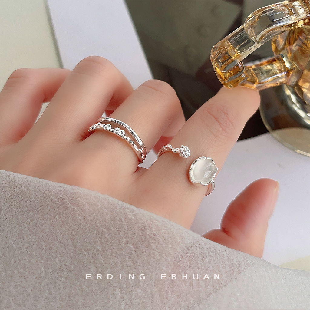 Literary Retro Stylish White Agate Opening Adjustable 2025 New Ring Silver Work Clothing Versatile Ring for Women