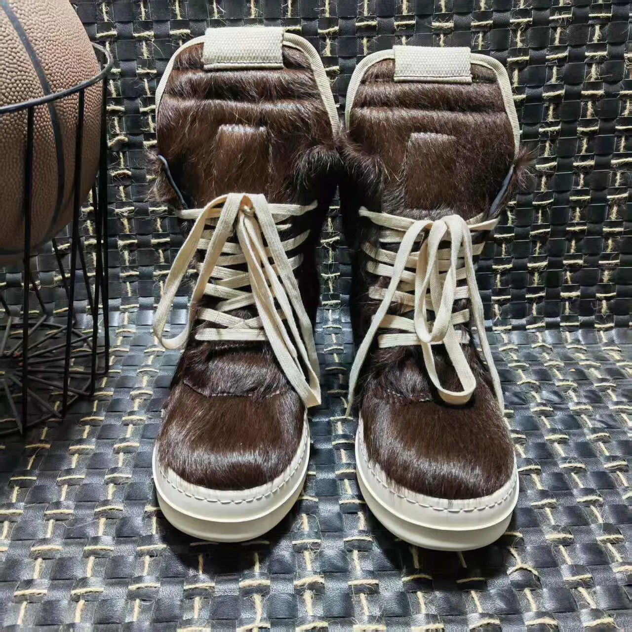 Ro Inverted Triangle Luxury Horsehair Brown High-Top Shoes for Men and Women, Thick-Soled Genuine Leather European and American Large Size High-End Boots