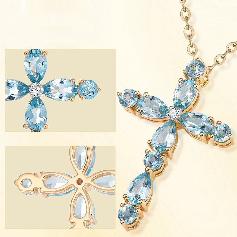 European and American Elegant Plated 18K Set Topaz Simulation Color Gem Cross Pendant Ladies Collarbone Necklace Wholesale