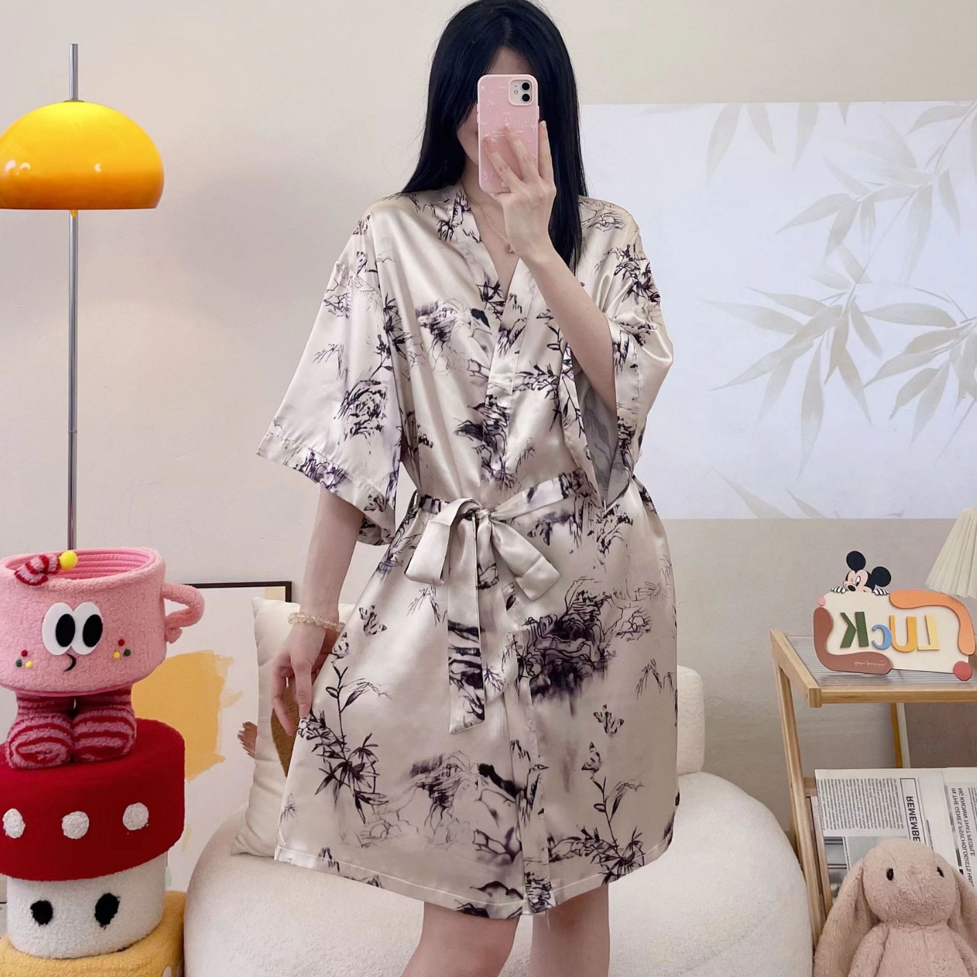 Spring and Summer New Style Pajamas for Women, Half-Long Sleeve Ice Silk Nightgown, Sexy Nightdress, Lace-Up Kimono, Silk Bathrobe, Mid-Length