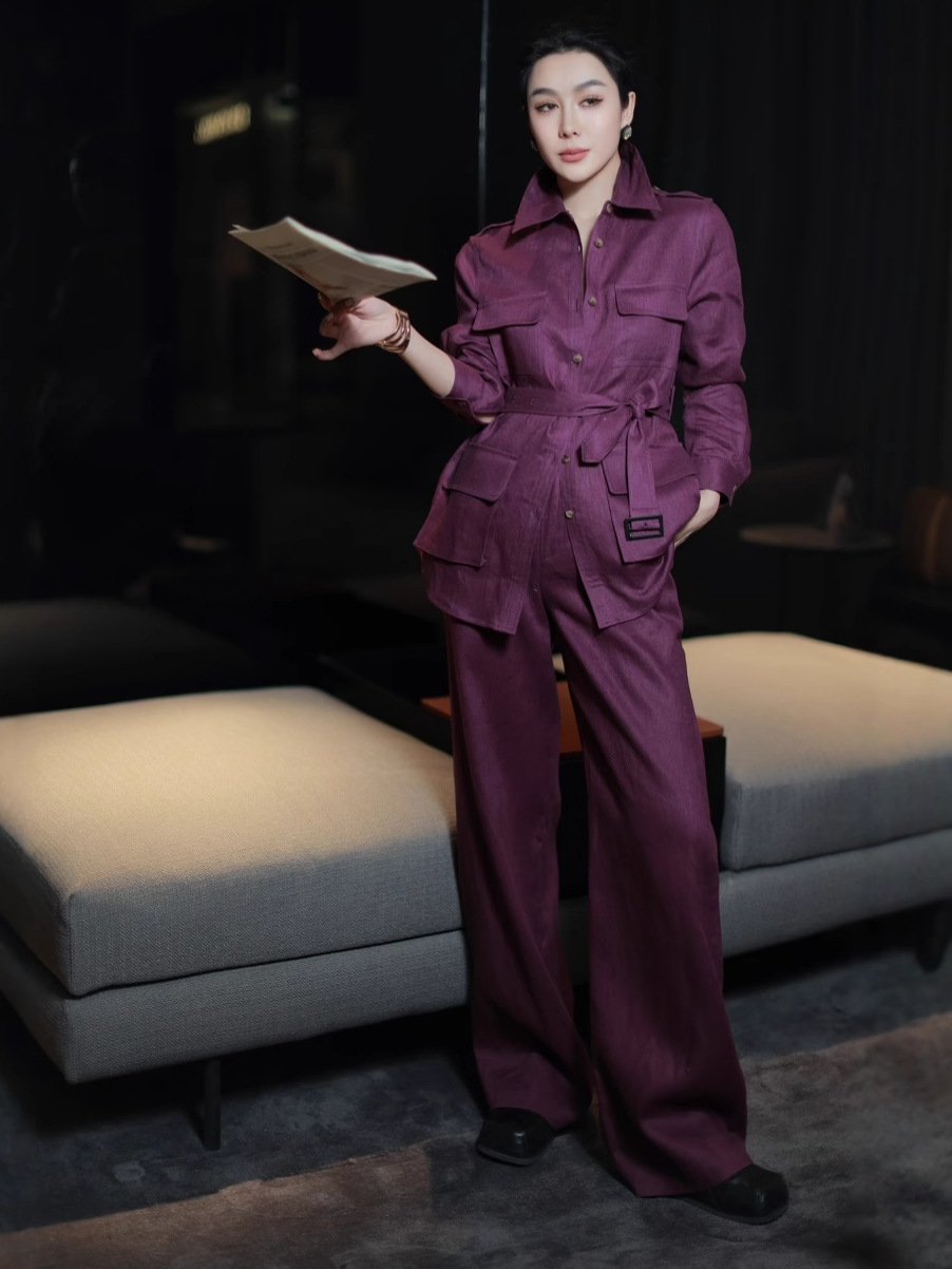 Nanyou Foreign Trade Tooling High-Branch Linen suit Women's Old Money Style Retro Lace-Up Shirt Wide-Leg Pants Two-Piece Set