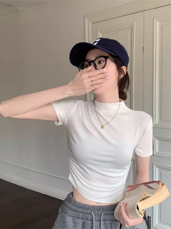 2026 Summer New Style Slim-Fit Short Top Inner Layer Trendy Half-High Collar Regular Shoulder Short-Sleeve T-Shirt for Women