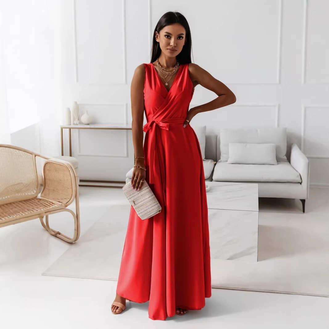 2026 European and American Cross-Border Foreign Trade Summer New Style Lace-Up V-Neck Sleeveless Elegant Sexy Long Party Dress for Women