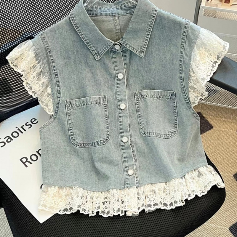 Lace Splicing Denim Summer Vest Temperament New Fashion Two-Piece Cake Suit