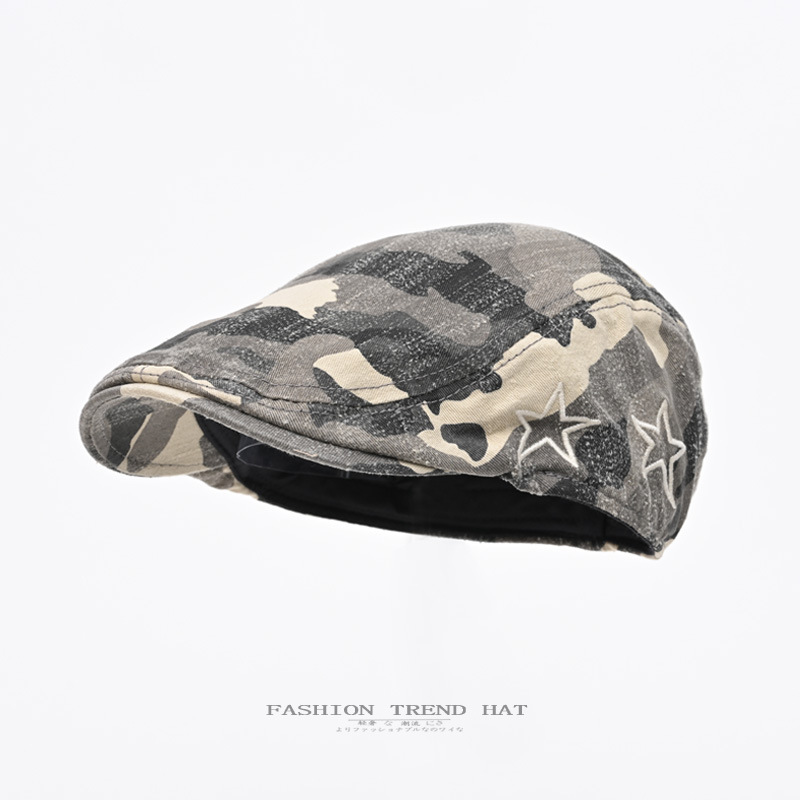 American-style retro camouflage advanced cap men's and women's spring and summer small all-match duck tongue beret embroidered star newsboy cap