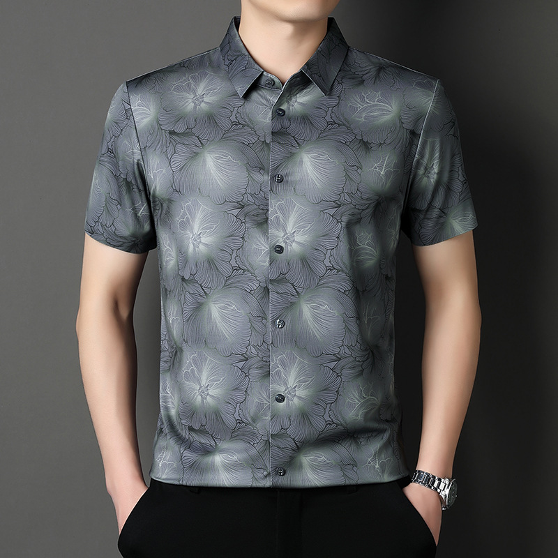 Cross-Border Summer Seamless Mulberry Silk Linen Men's Short-Sleeved Shirt Business Casual Printed Non-Iron Floral Half-Sleeved Shirt