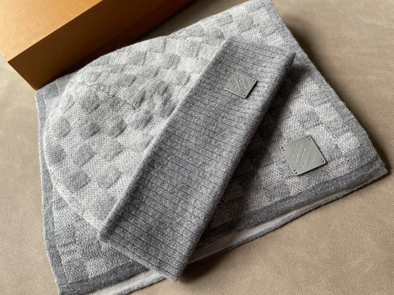 Louis Vuitton Damier Knit Beanie and Scarf Set Grey