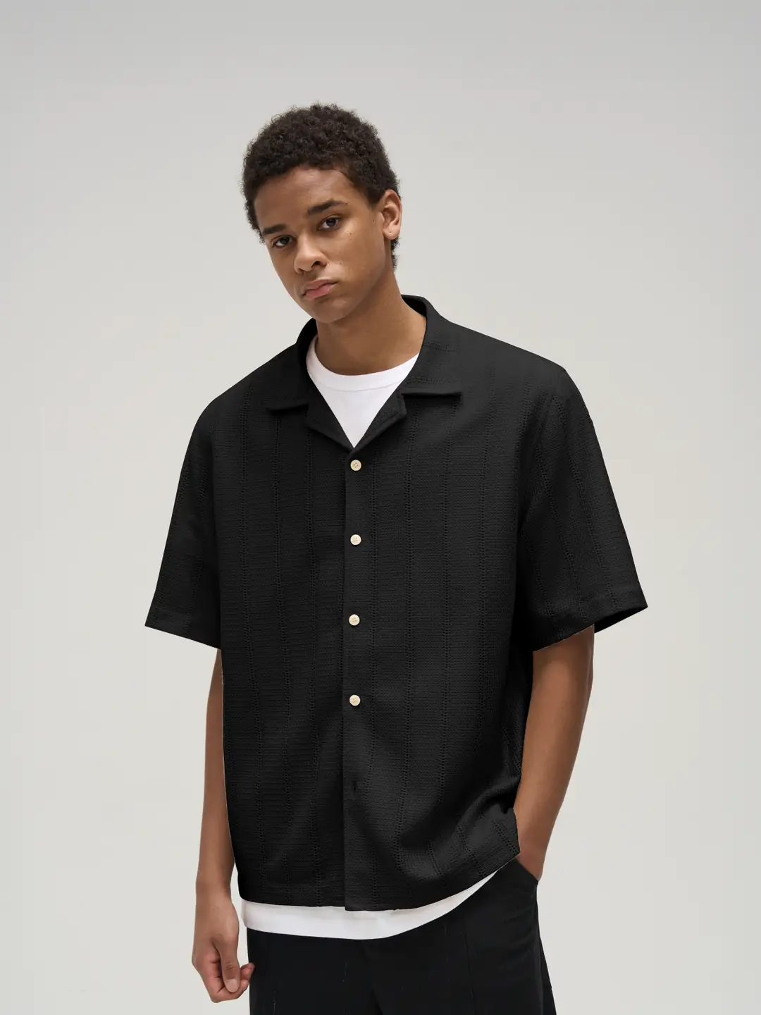 Tires 25Ss Japanese style Retro Knitting Short Sleeve shirt Cut Out Jacquard Loose Hawaiian Shirt for Men and Women