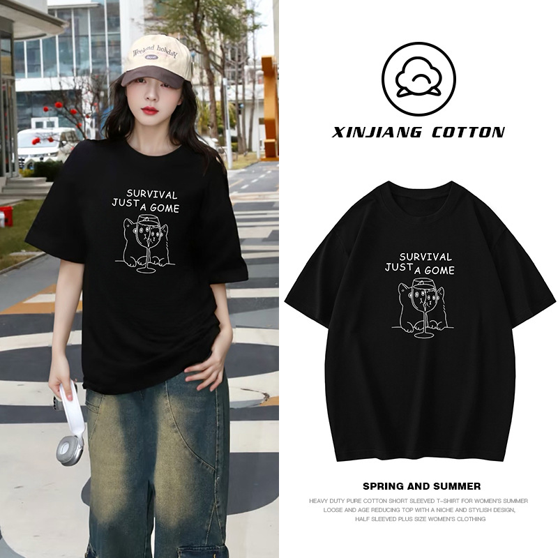 Heavy Weight Cotton Short-Sleeved T-Shirt for Women American Street Loose Oversize Design Top Cat Print Half-Sleeve