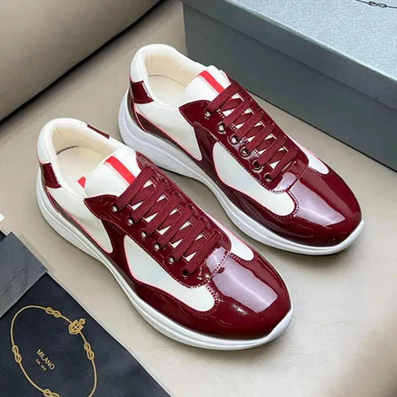 In-Stock 25 European and American Men's Casual Shoes Low-Top Leather Fabric Color-Blocking Outdoor Running Shoes Patent Leather Comfortable Sneakers