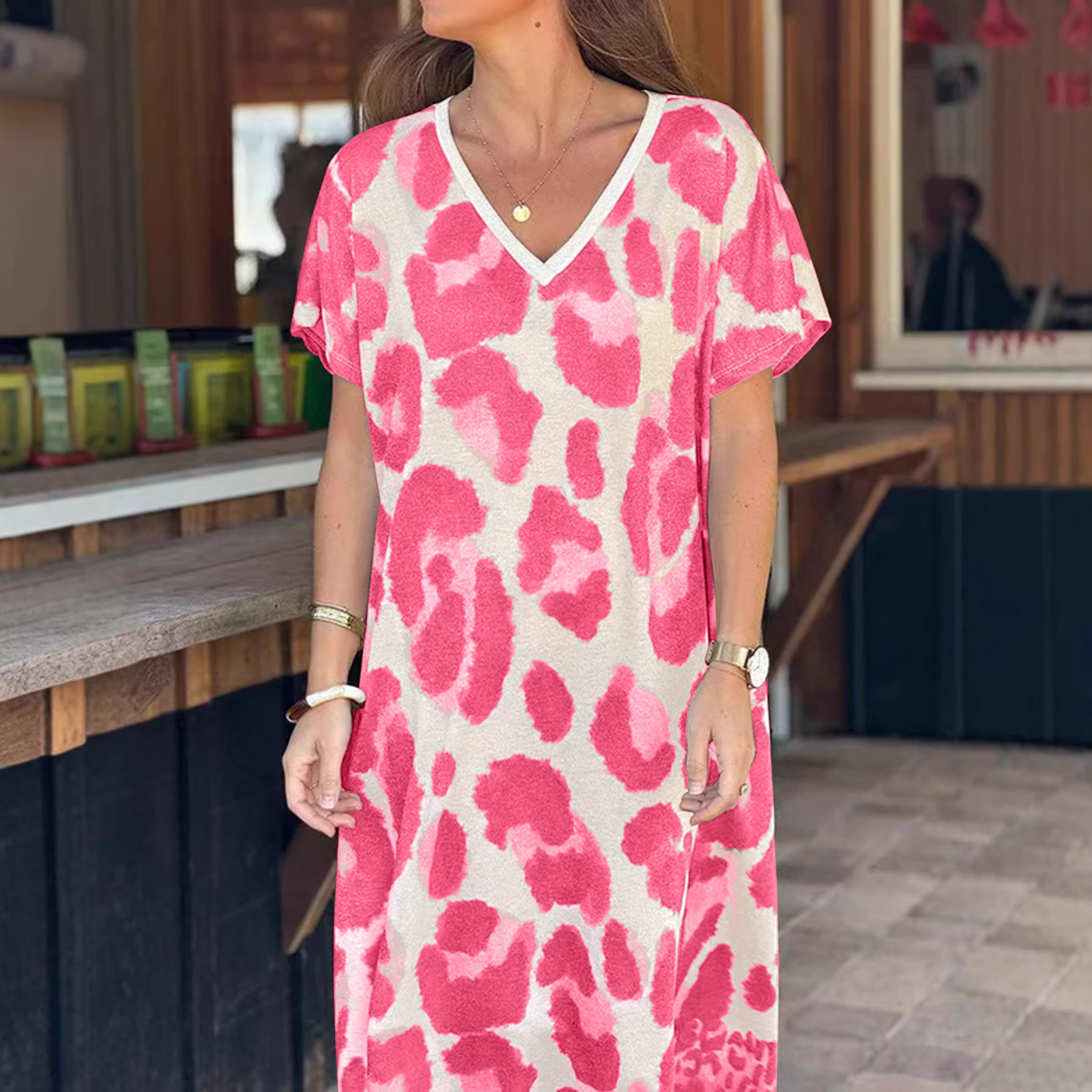 Amazon Independent Site Cross-Border Foreign Trade Personalized Casual 3D Printed Spring and Summer New Short-Sleeved Dress V-Neck Loose Fit