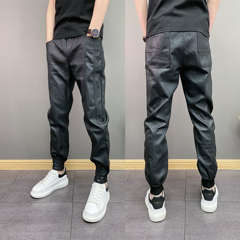 Leather Pants Men's Spring and Autumn Stitching New Slim-fit Nine-point Casual Knight Waterproof Windproof Motorcycle Ankle Pants Long Pants
