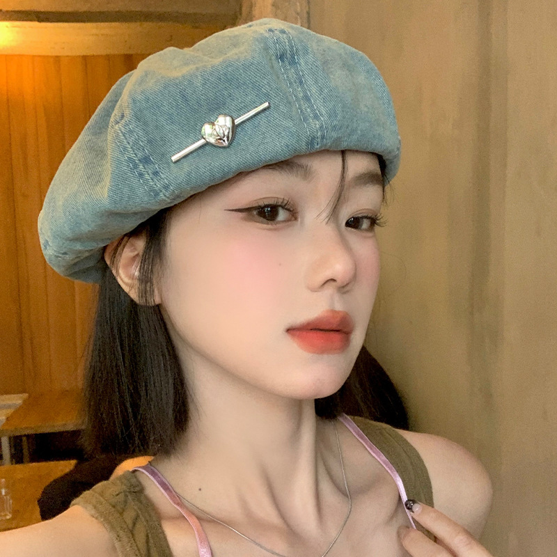 Love Blue Washed Denim Beret Women's Summer Thin Breathable Octagonal Painter's Hat Big Head Wai Face Showable Small Hat