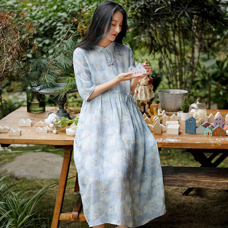 Custom New Chinese Cotton and Linen Women's 2022 New Short Sleeve Ramie Floral Dress Summer Retro Waist Skirt