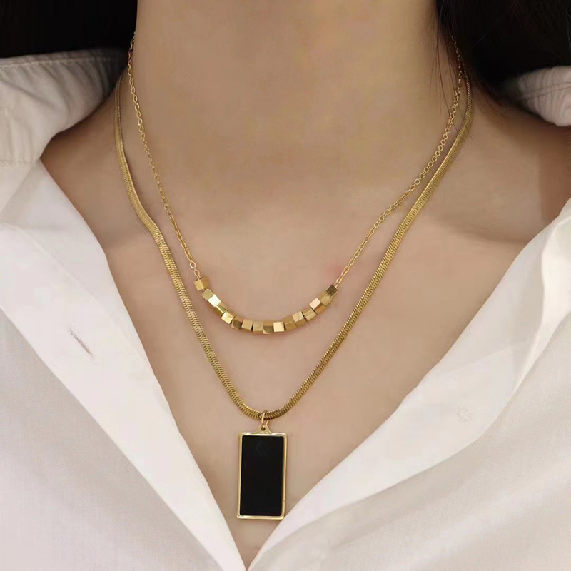 Stacked Wear Double Layer Black Brand Necklace Women's Popular Rectangular Titanium Steel K Gold Snake Bone Chain Flat Chain Broken Silver Several Two Clavicle Bone Chain