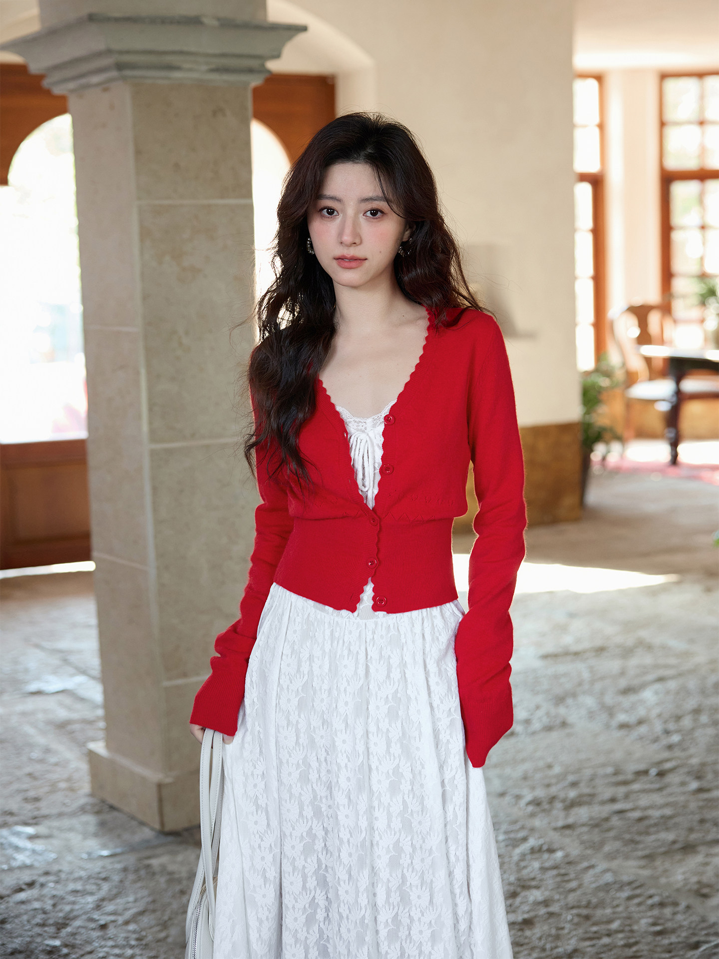 Ximeng 2026 New Spring Korean-Style Elegant Top for Petite Figures, High-End and Unique Red Knit Cardigan