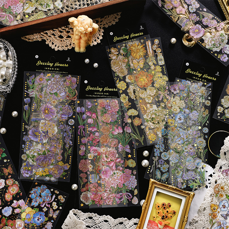 Infeel.Me Bronzing Stickers Four Seasons Messenger Series Retro Flower DIY Handbook Material Collage 4 Types