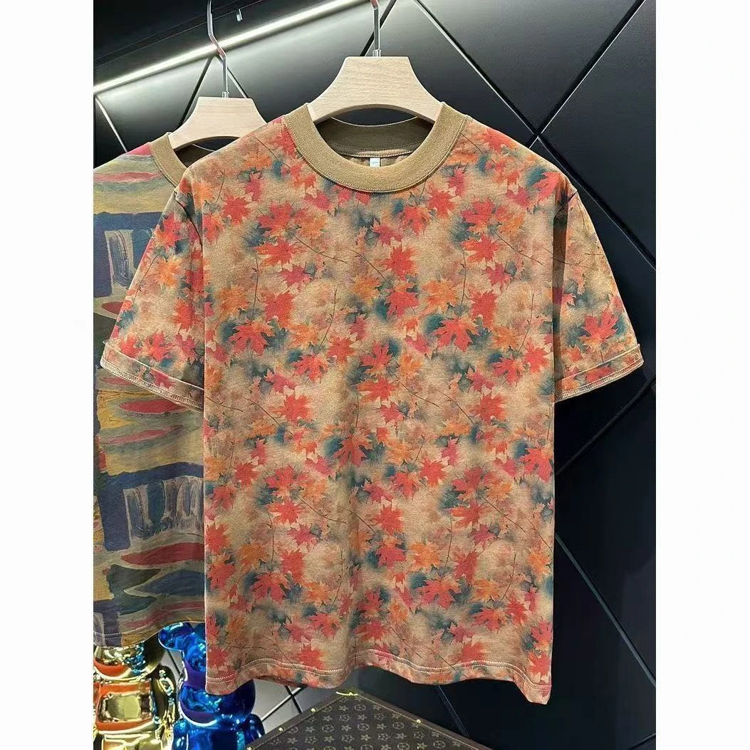2026 Summer New Trendy Brand Design Color-Blocking Maple Leaf Round-Neck Short-Sleeve T-Shirt Men's Versatile Trendy Top