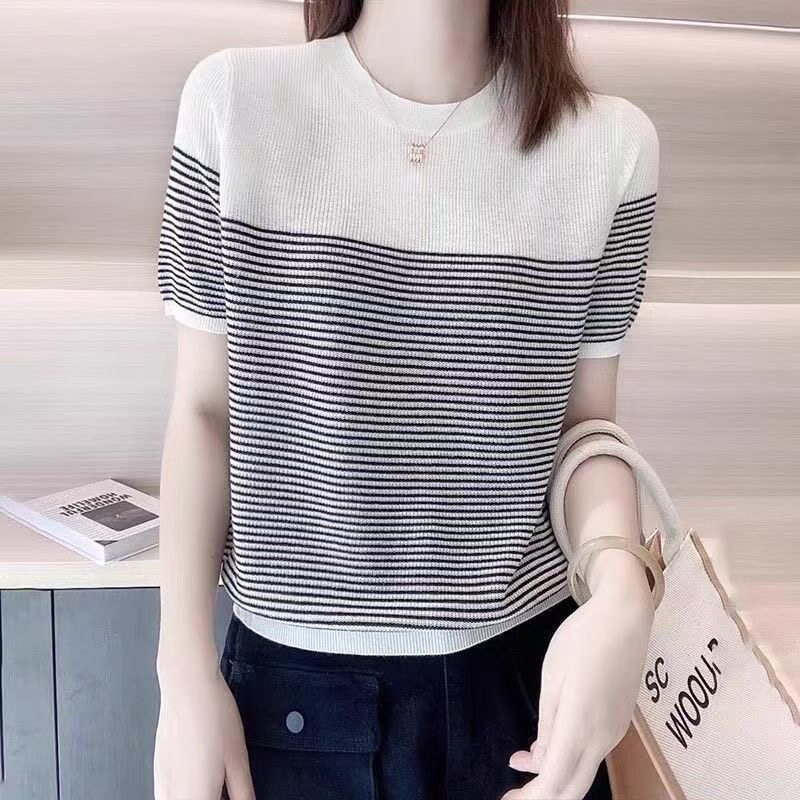 2026 Summer New Fashion Youthful Color-Block Striped Short-Sleeve Ice Silk Knit Women's T-Shirt Thin Top