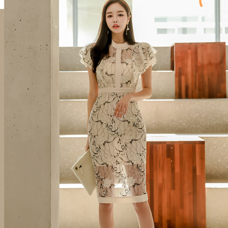 Cross-Border Dress 2026 Summer New Korean Style Elegant Round Neck Ruffle Sleeves Slim Fit Printed Lace Bodycon Dress for Women