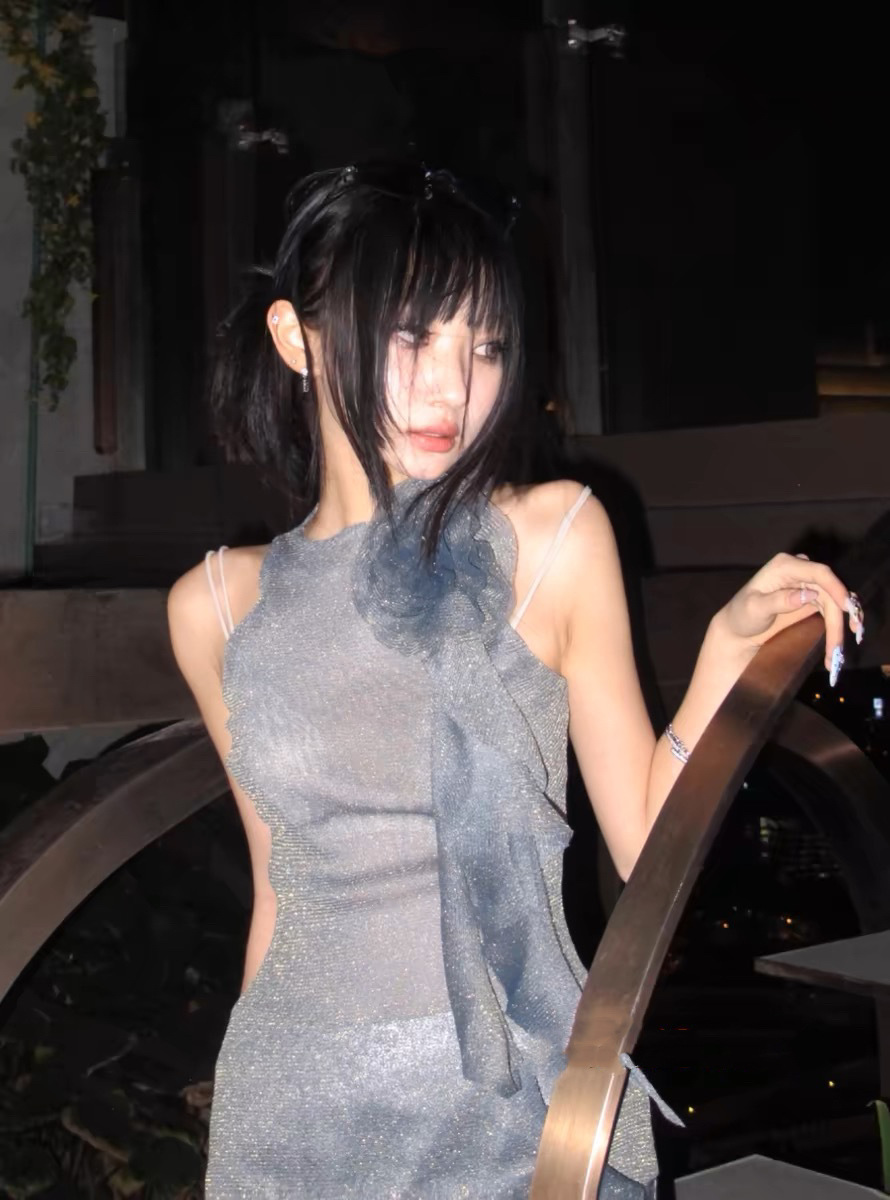 Blue Gray gold mesh sexy micro-perspective sleeveless slim-fit elastic three-dimensional flower ribbon top women's vest 4208