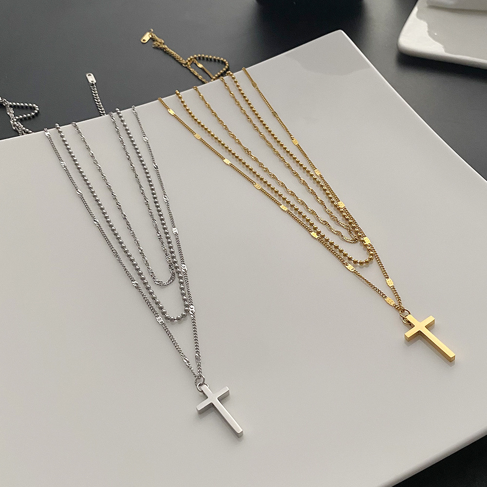 Titanium Steel Color-free Three-layer Cross Necklace Women's Niche Design Sense Internet Popular Cold Style High-grade Clavicle Chain Tide
