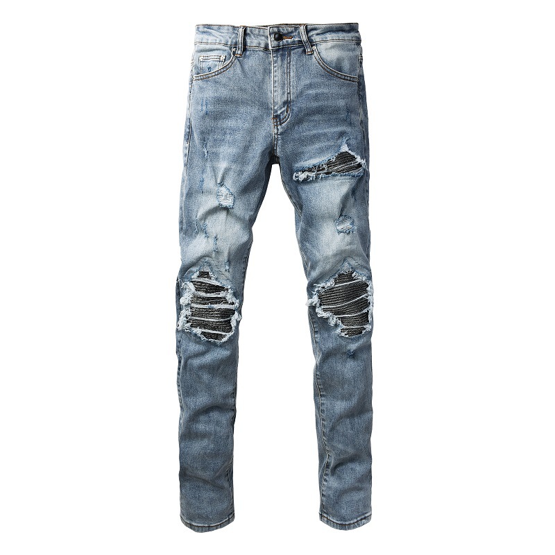 New American-Style Ripped Jeans with Silver Thread Patches, Slim Fit, Stretchy, European and American Fashion High Street Jeans for Men