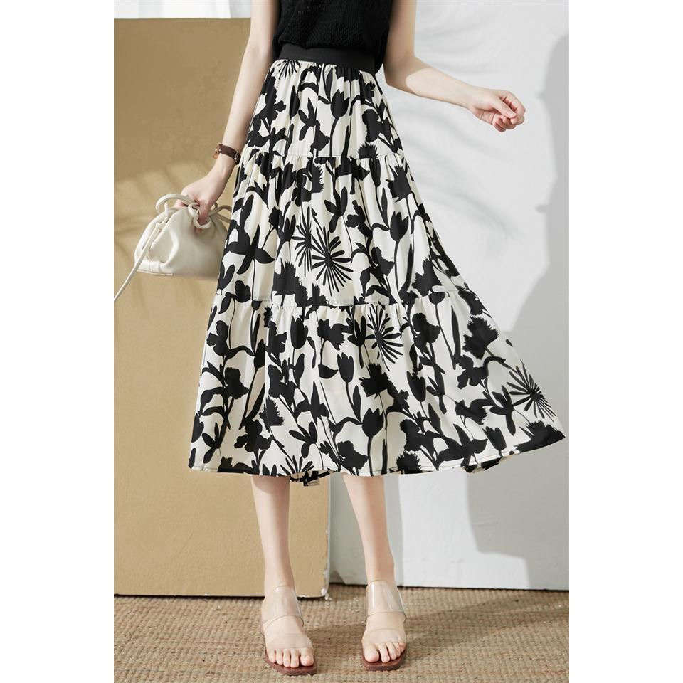 Chiffon Draped A-Line Skirt, High-Waisted Midi Skirt for Spring and Summer, Elegant and Versatile Ladylike Skirt (with Lining)