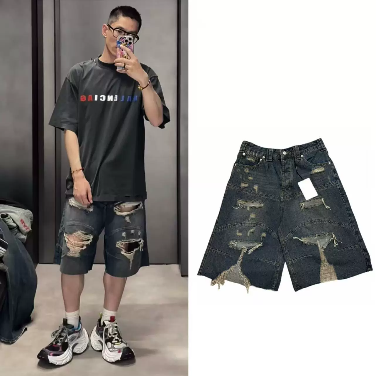 B Home Original Standard 25s Heavy Industry Washed Water Used, Broken Hole, Hairy Edge Denim Shorts, Paris Style Versatile, Loose Quarter Pants