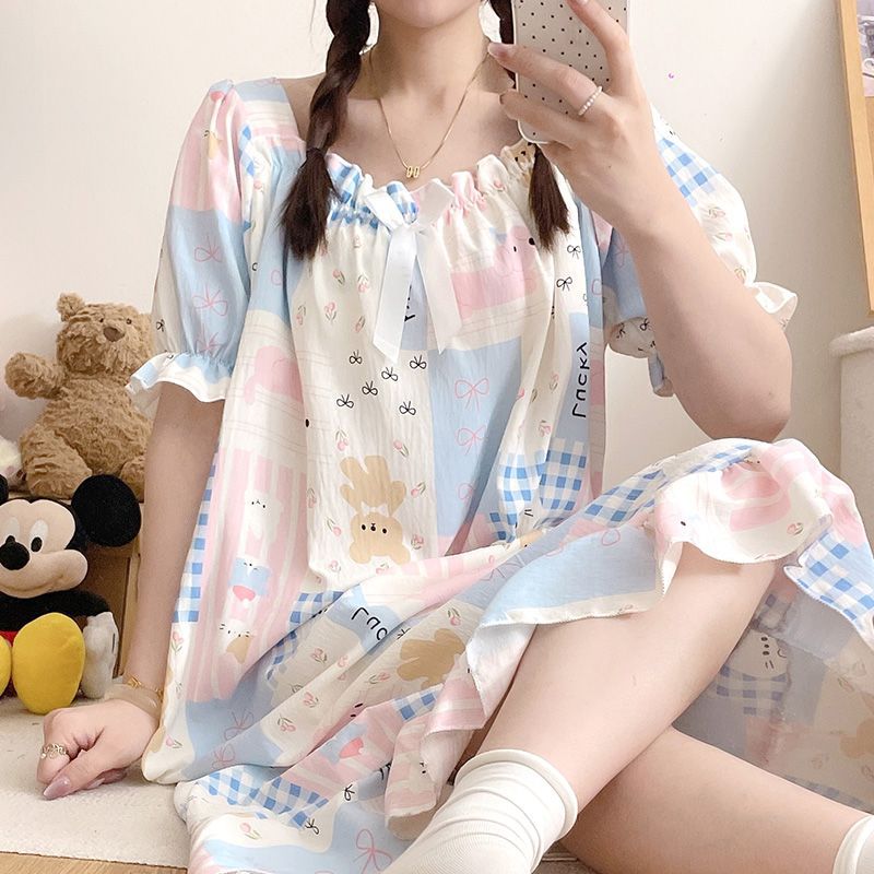 Short-Sleeved Nightgown with Chest Pads, Summer Cloud Cotton 2026 New Style Nightgown, Mid-Length, Loose, Cute Cartoon Home Wear