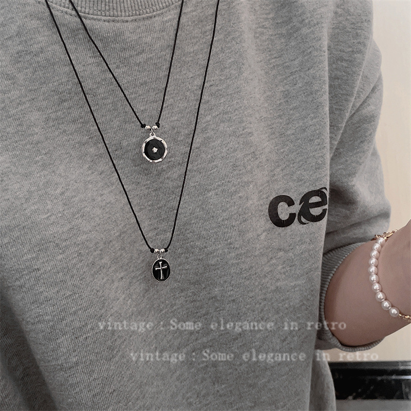 Casual Y2K Black Drip Glaze Star Cross Necklace Women's Thin Necklace Niche Design Long Sweater Chain
