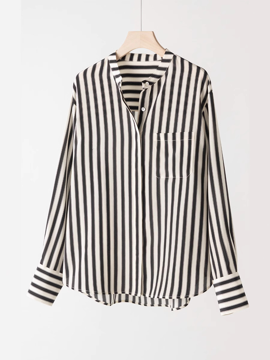 Spring New Style French Silk Stripesd Shirt Women's Niche Retro Mulberry Silk Long-Sleeved Top Layered with Inner Shirt
