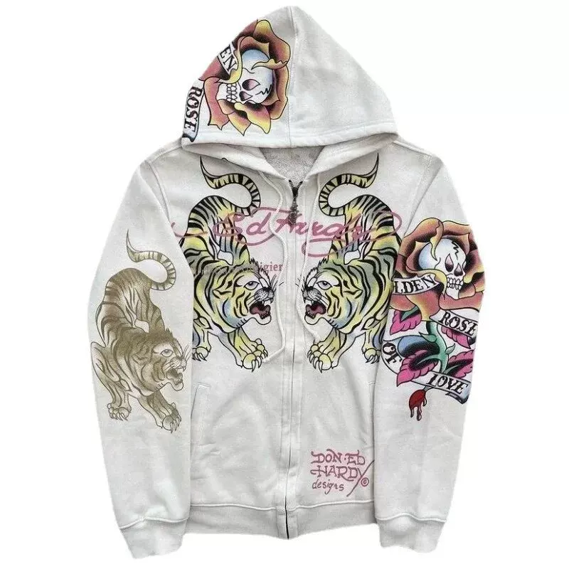 Ed Hardy Tiger and Rose Print Zipper Hoodie